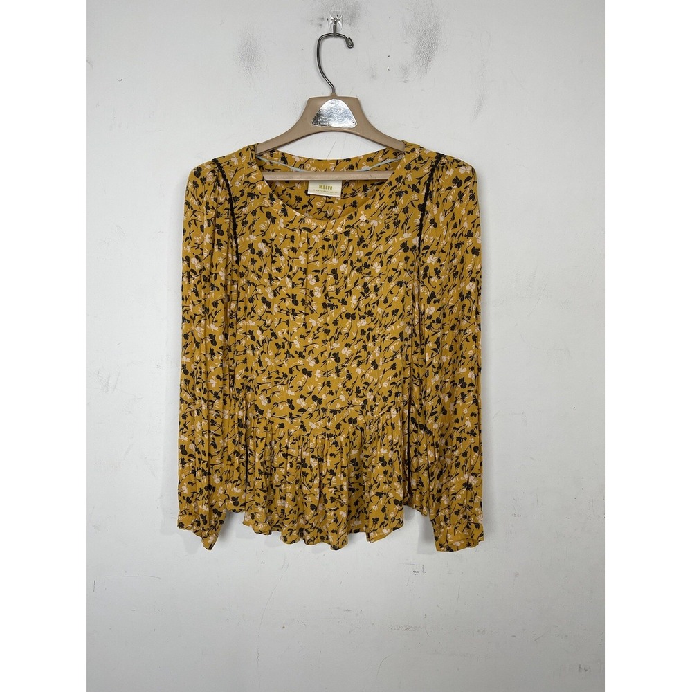 Maeve Anthropologie Mustard Yellow Floral Peplum Blouse Long‎ Sleeve Small